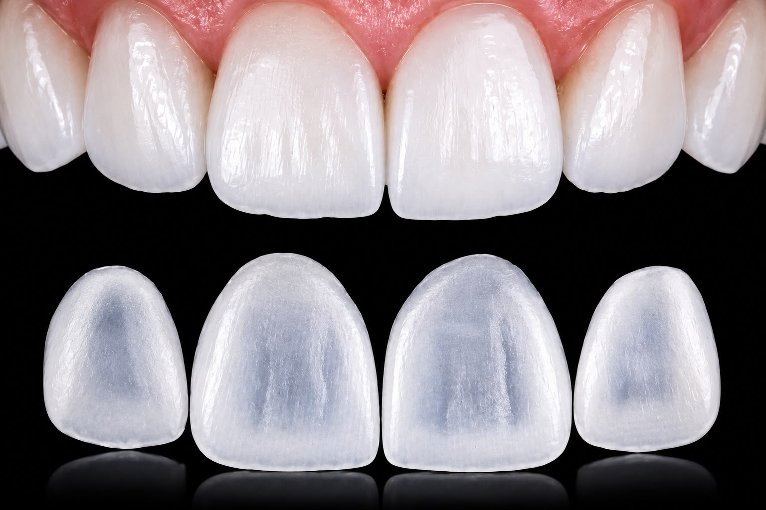 Close de dentes anteriores restaurados ao lado de lâminas de cerâmica ultrafinas sobre fundo preto